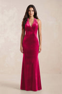 Sheath Velvet V - Neck Bridesmaid Dress in Fuchsia - KISS BRIDAL Bridesmaid Dresses
