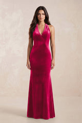 Sheath Velvet V - Neck Bridesmaid Dress in Fuchsia - KISS BRIDAL Bridesmaid Dresses