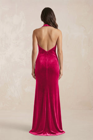 Sheath Velvet V - Neck Bridesmaid Dress in Fuchsia - KISS BRIDAL Bridesmaid Dresses