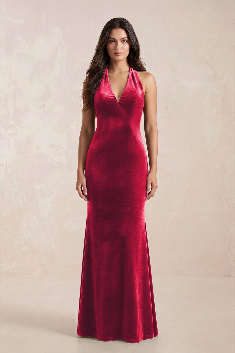 Sheath Velvet V - Neck Bridesmaid Dress in Merlot - KISS BRIDAL Bridesmaid Dresses