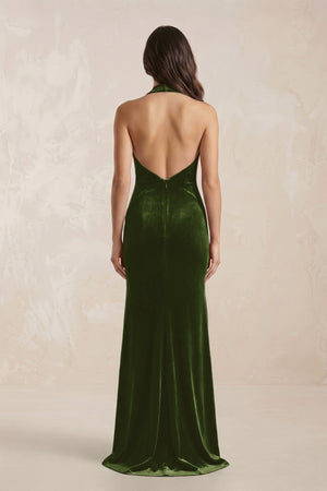 Sheath Velvet V - Neck Bridesmaid Dress in Olive - KISS BRIDAL Bridesmaid Dresses