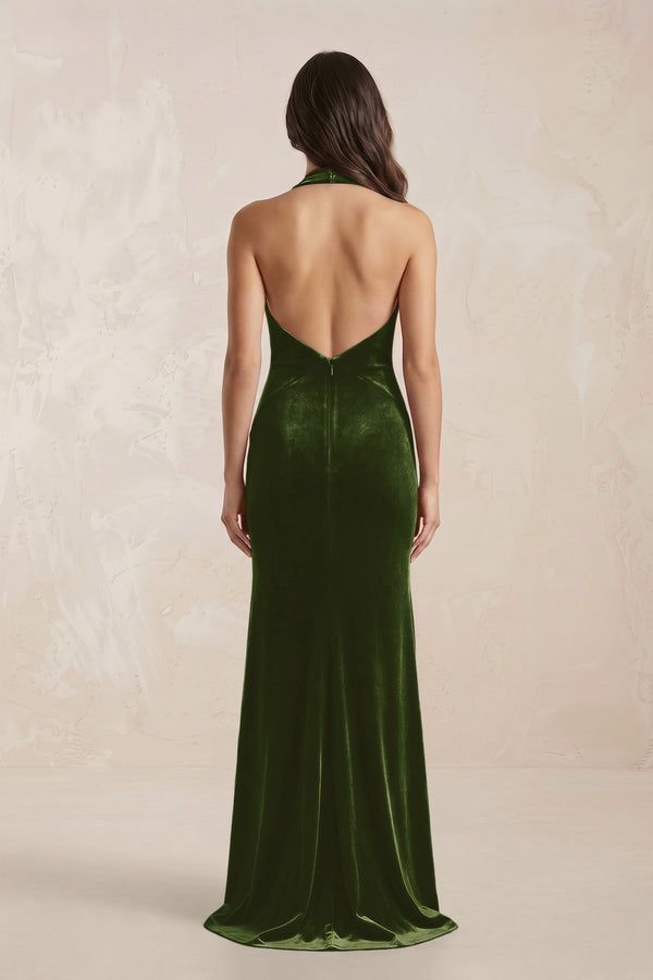 Sheath Velvet V - Neck Bridesmaid Dress in Olive - KISS BRIDAL Bridesmaid Dresses