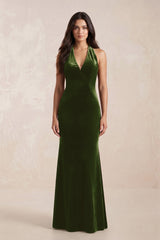 Sheath Velvet V - Neck Bridesmaid Dress in Olive - KISS BRIDAL Bridesmaid Dresses