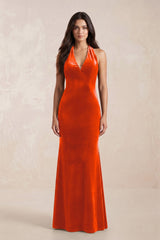 Sheath Velvet V - Neck Bridesmaid Dress in Orange - KISS BRIDAL Bridesmaid Dresses