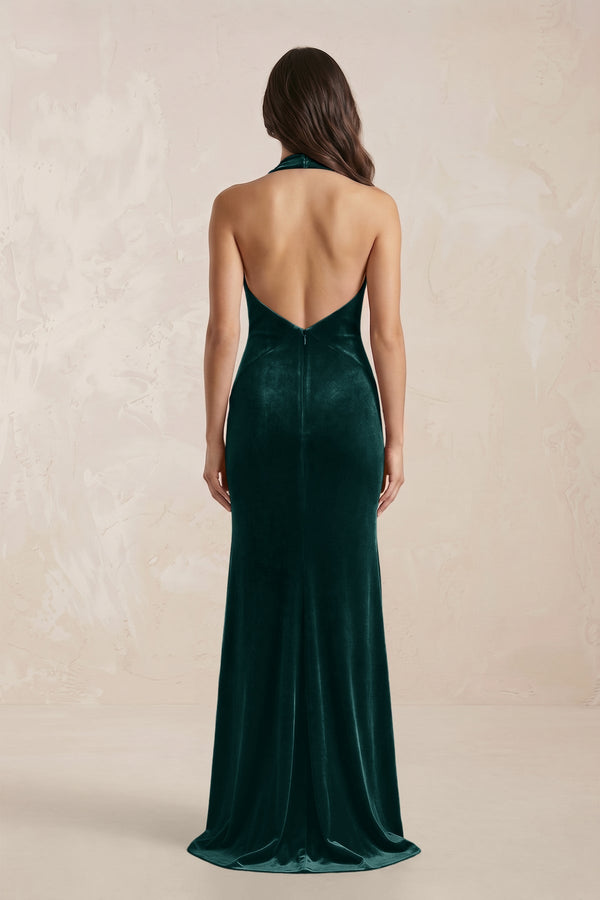 Sheath Velvet V - Neck Bridesmaid Dress in Pine - KISS BRIDAL Bridesmaid Dresses