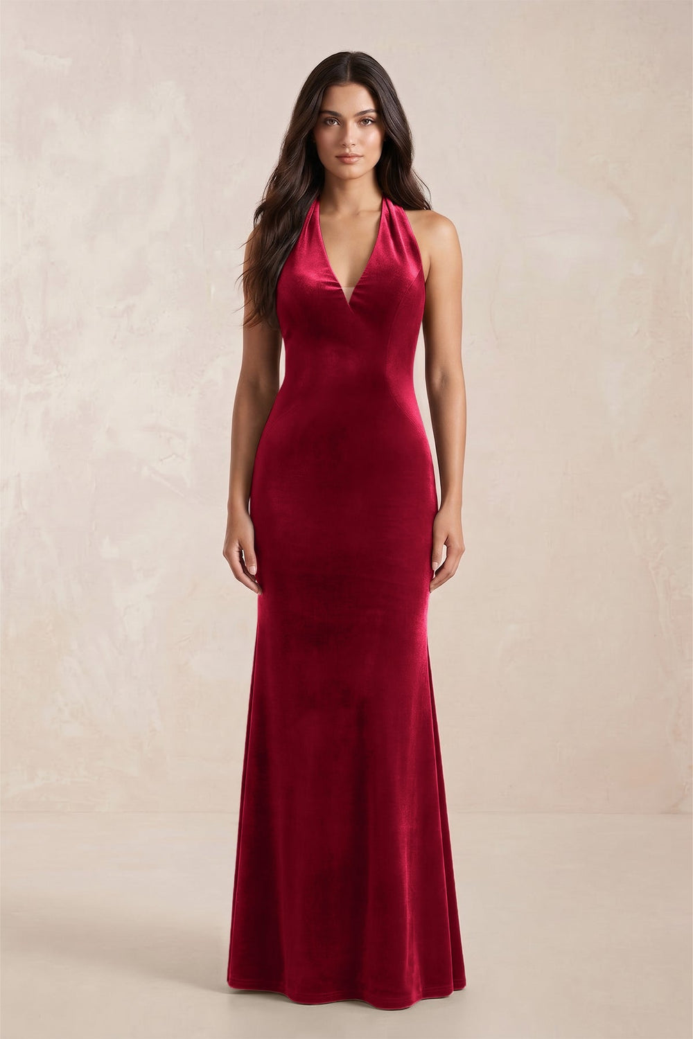 Sheath Velvet V - Neck Bridesmaid Dress in Ruby Red - KISS BRIDAL Bridesmaid Dresses
