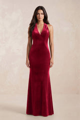 Sheath Velvet V - Neck Bridesmaid Dress in Ruby Red - KISS BRIDAL Bridesmaid Dresses