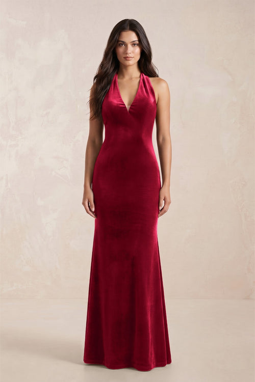 Sheath Velvet V - Neck Bridesmaid Dress in Ruby Red - KISS BRIDAL Bridesmaid Dresses
