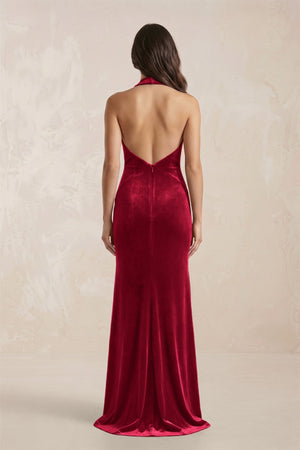 Sheath Velvet V - Neck Bridesmaid Dress in Ruby Red - KISS BRIDAL Bridesmaid Dresses