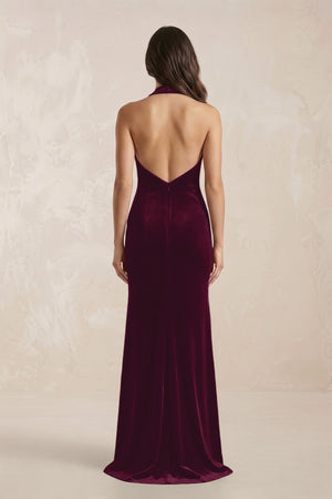 Sheath Velvet V - Neck Bridesmaid Dress in Sangria - KISS BRIDAL Bridesmaid Dresses