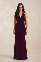 Sheath Velvet V - Neck Bridesmaid Dress in Sangria - KISS BRIDAL Bridesmaid Dresses