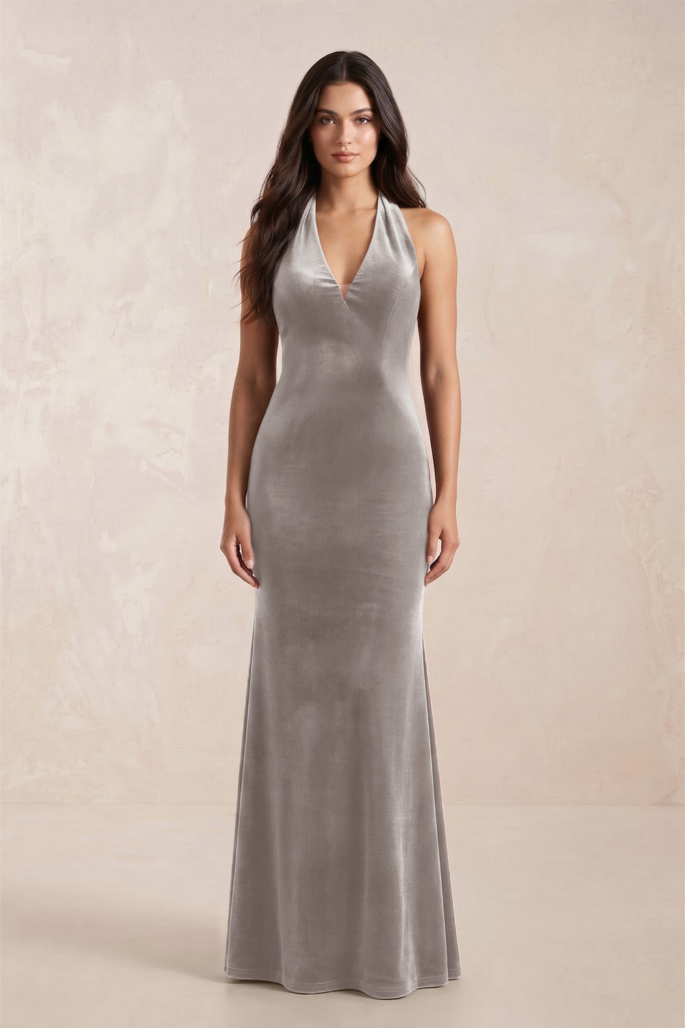 Sheath Velvet V - Neck Bridesmaid Dress in Silver - KISS BRIDAL Bridesmaid Dresses
