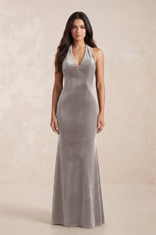 Sheath Velvet V - Neck Bridesmaid Dress in Silver - KISS BRIDAL Bridesmaid Dresses