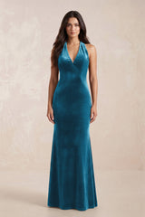Sheath Velvet V - Neck Bridesmaid Dress in Steel Blue - KISS BRIDAL Bridesmaid Dresses