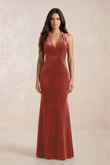 Sheath Velvet V - Neck Bridesmaid Dress in Terracotta - KISS BRIDAL Bridesmaid Dresses