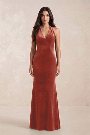 Sheath Velvet V - Neck Bridesmaid Dress in Terracotta - KISS BRIDAL Bridesmaid Dresses