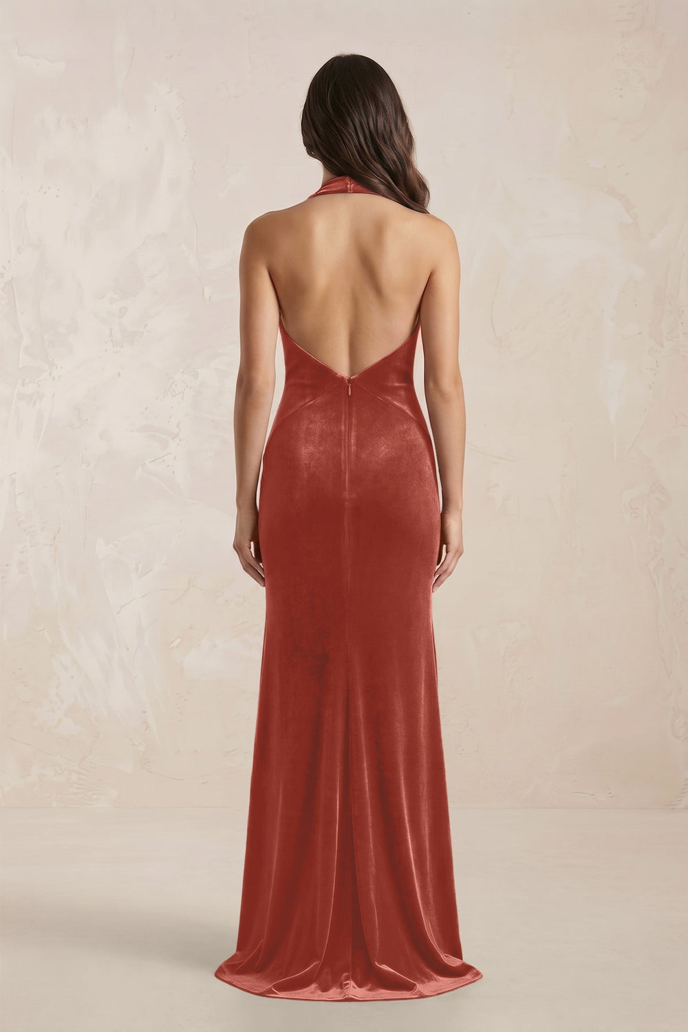 Sheath Velvet V - Neck Bridesmaid Dress in Terracotta - KISS BRIDAL Bridesmaid Dresses