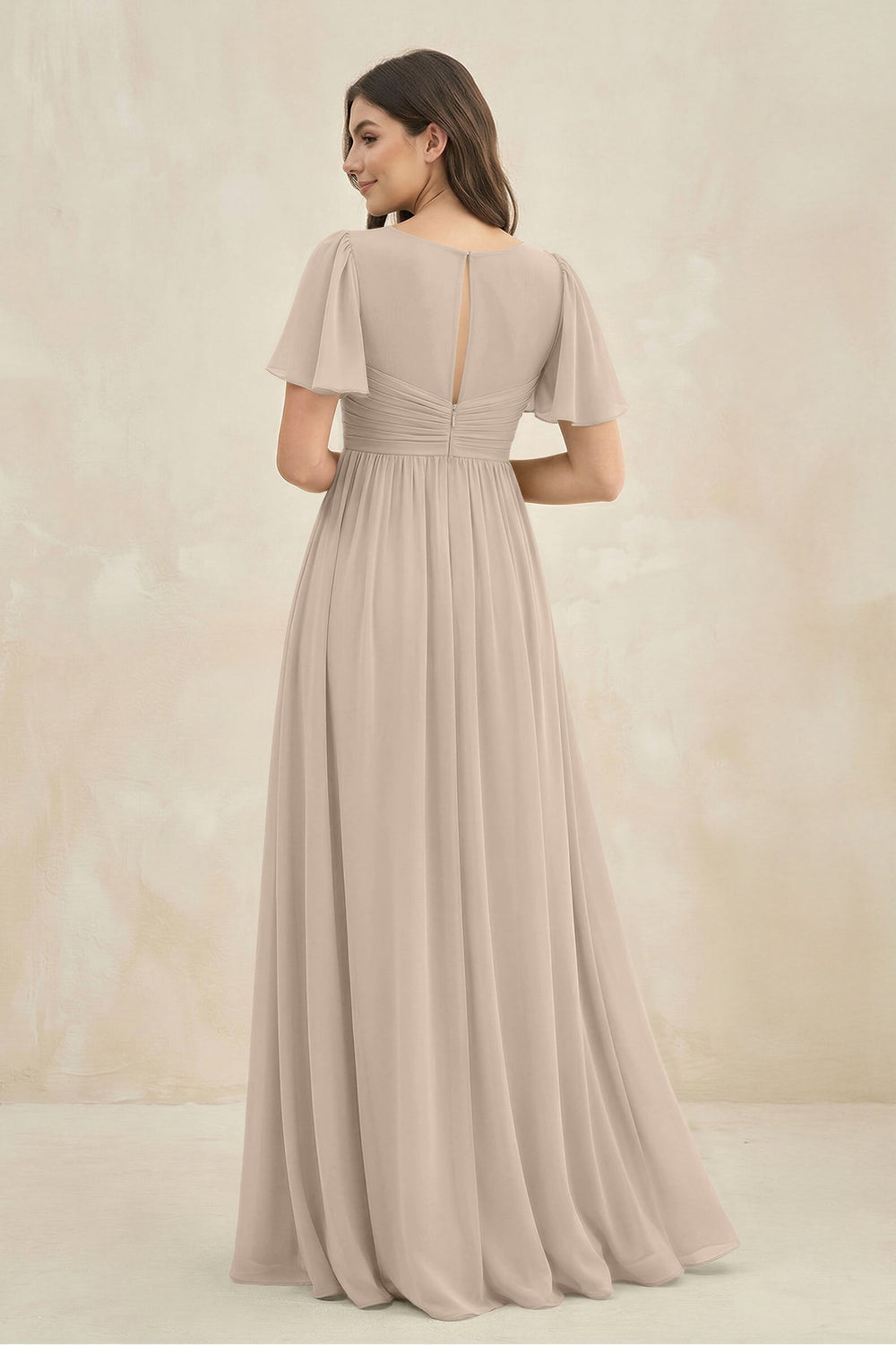 Short Sleeve Chiffon V - Neck A - Line Bridesmaid Dress in Almond - KISS BRIDAL Bridesmaid Dresses