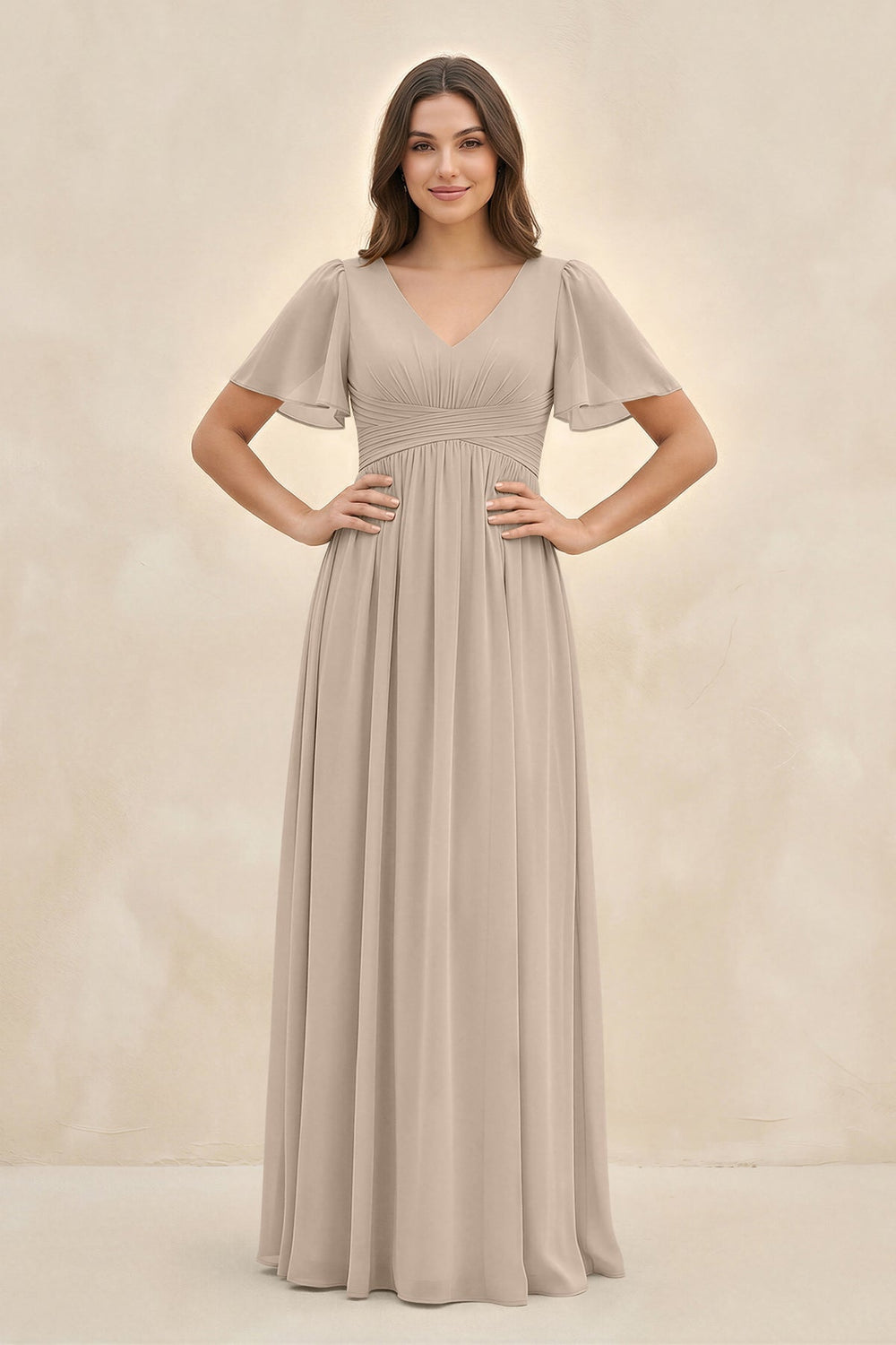 Short Sleeve Chiffon V - Neck A - Line Bridesmaid Dress in Almond - KISS BRIDAL Bridesmaid Dresses