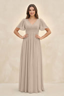 Short Sleeve Chiffon V - Neck A - Line Bridesmaid Dress in Almond - SHE IS ME Bridesmaid Dresses