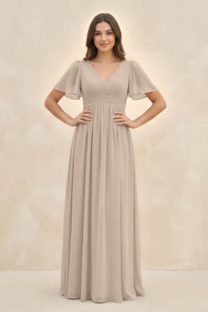Short Sleeve Chiffon V - Neck A - Line Bridesmaid Dress in Almond - SHE IS ME Bridesmaid Dresses