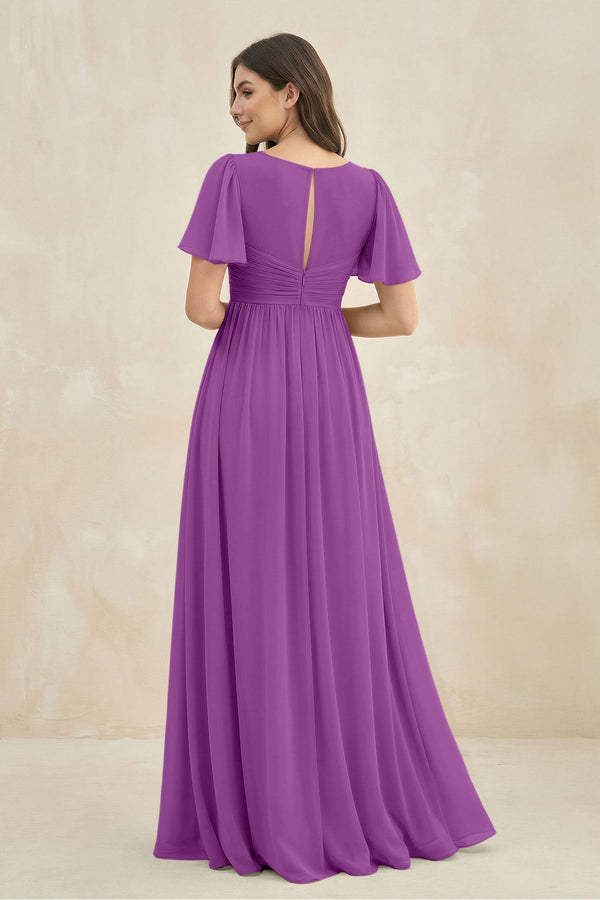 Short Sleeve Chiffon V - Neck A - Line Bridesmaid Dress in Amethyst - SHE IS ME Bridesmaid Dresses