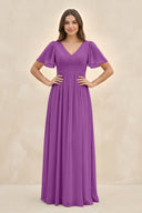 Short Sleeve Chiffon V - Neck A - Line Bridesmaid Dress in Amethyst - SHE IS ME Bridesmaid Dresses