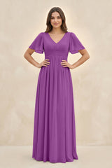 Short Sleeve Chiffon V - Neck A - Line Bridesmaid Dress in Amethyst - KISS BRIDAL Bridesmaid Dresses