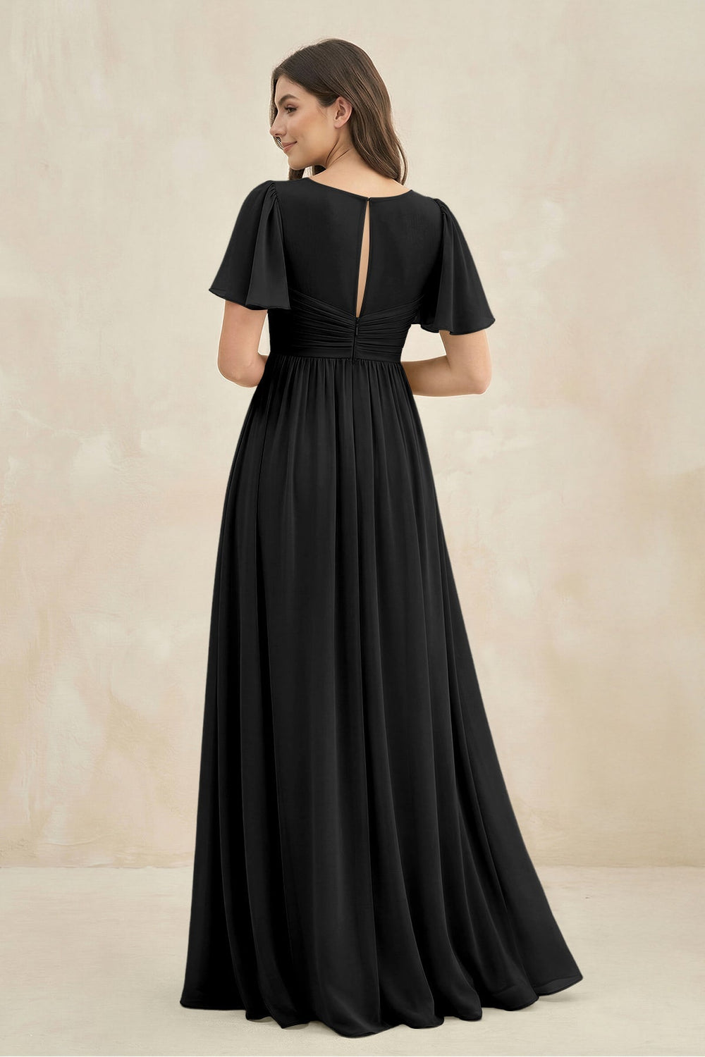 Short Sleeve Chiffon V - Neck A - Line Bridesmaid Dress in Black - KISS BRIDAL Bridesmaid Dresses