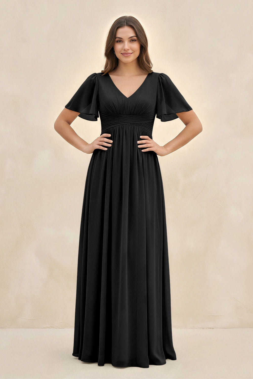 Short Sleeve Chiffon V - Neck A - Line Bridesmaid Dress in Black - KISS BRIDAL Bridesmaid Dresses