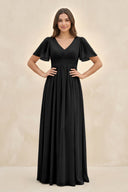 Short Sleeve Chiffon V - Neck A - Line Bridesmaid Dress in Black - SHE IS ME Bridesmaid Dresses