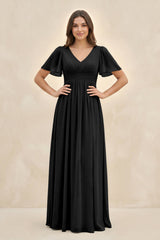 Short Sleeve Chiffon V - Neck A - Line Bridesmaid Dress in Black - KISS BRIDAL Bridesmaid Dresses