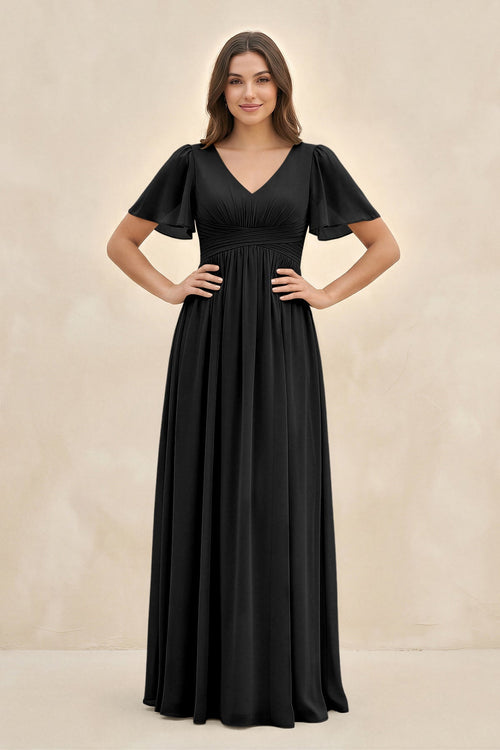 Short Sleeve Chiffon V - Neck A - Line Bridesmaid Dress in Black - SHE IS ME Bridesmaid Dresses