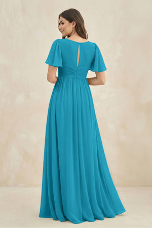 Short Sleeve Chiffon V - Neck A - Line Bridesmaid Dress in Blue Jay - SHE IS ME Bridesmaid Dresses
