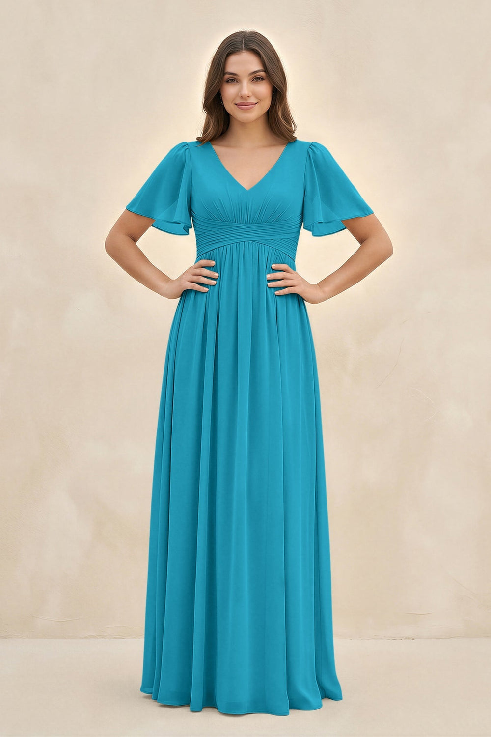 Short Sleeve Chiffon V - Neck A - Line Bridesmaid Dress in Blue Jay - KISS BRIDAL Bridesmaid Dresses