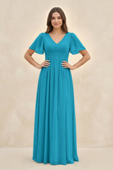 Short Sleeve Chiffon V - Neck A - Line Bridesmaid Dress in Blue Jay - KISS BRIDAL Bridesmaid Dresses