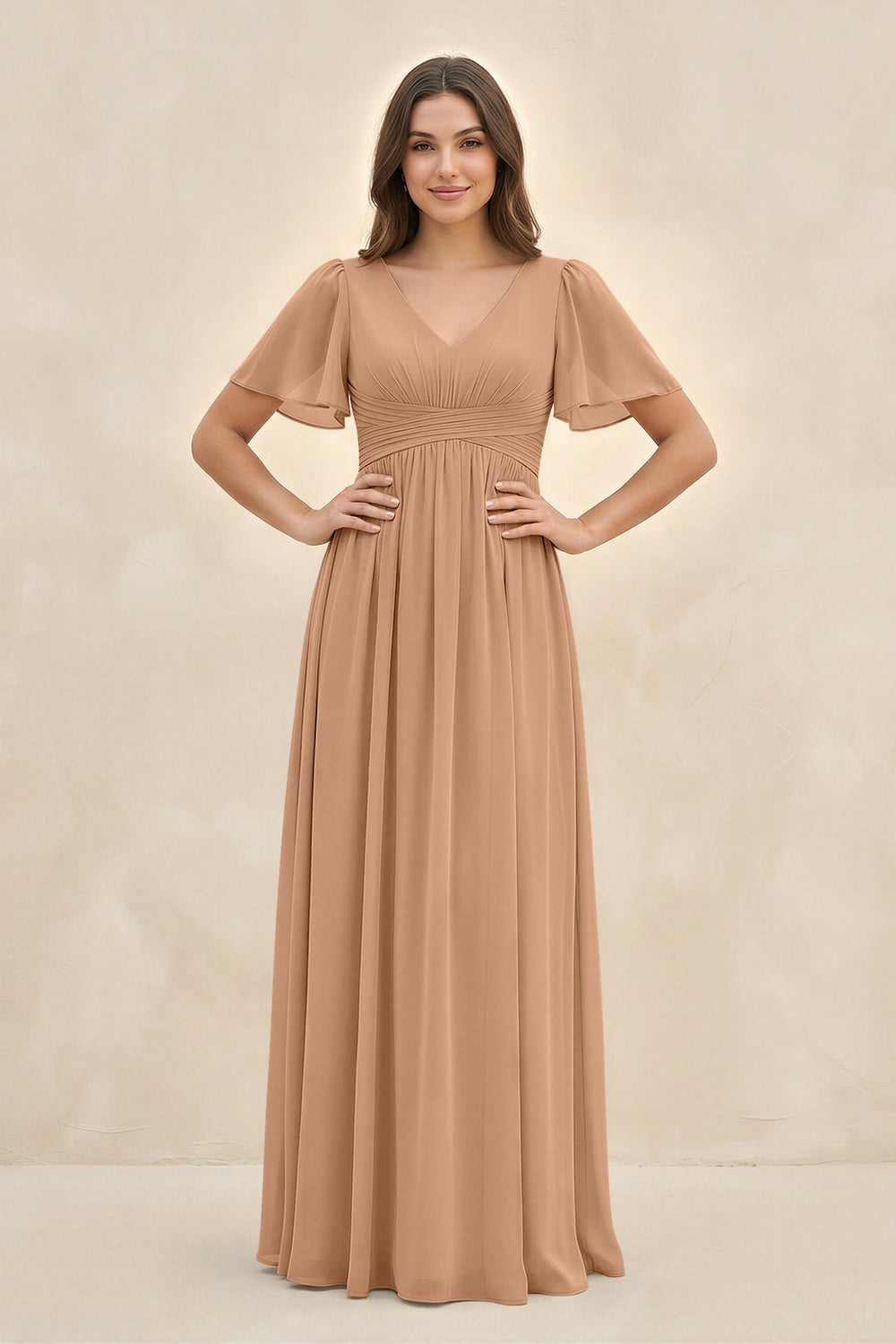 Short Sleeve Chiffon V - Neck A - Line Bridesmaid Dress in Bronzer - KISS BRIDAL Bridesmaid Dresses