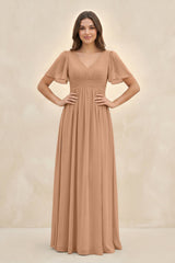 Short Sleeve Chiffon V - Neck A - Line Bridesmaid Dress in Bronzer - KISS BRIDAL Bridesmaid Dresses