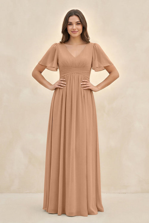 Short Sleeve Chiffon V - Neck A - Line Bridesmaid Dress in Bronzer - SHE IS ME Bridesmaid Dresses