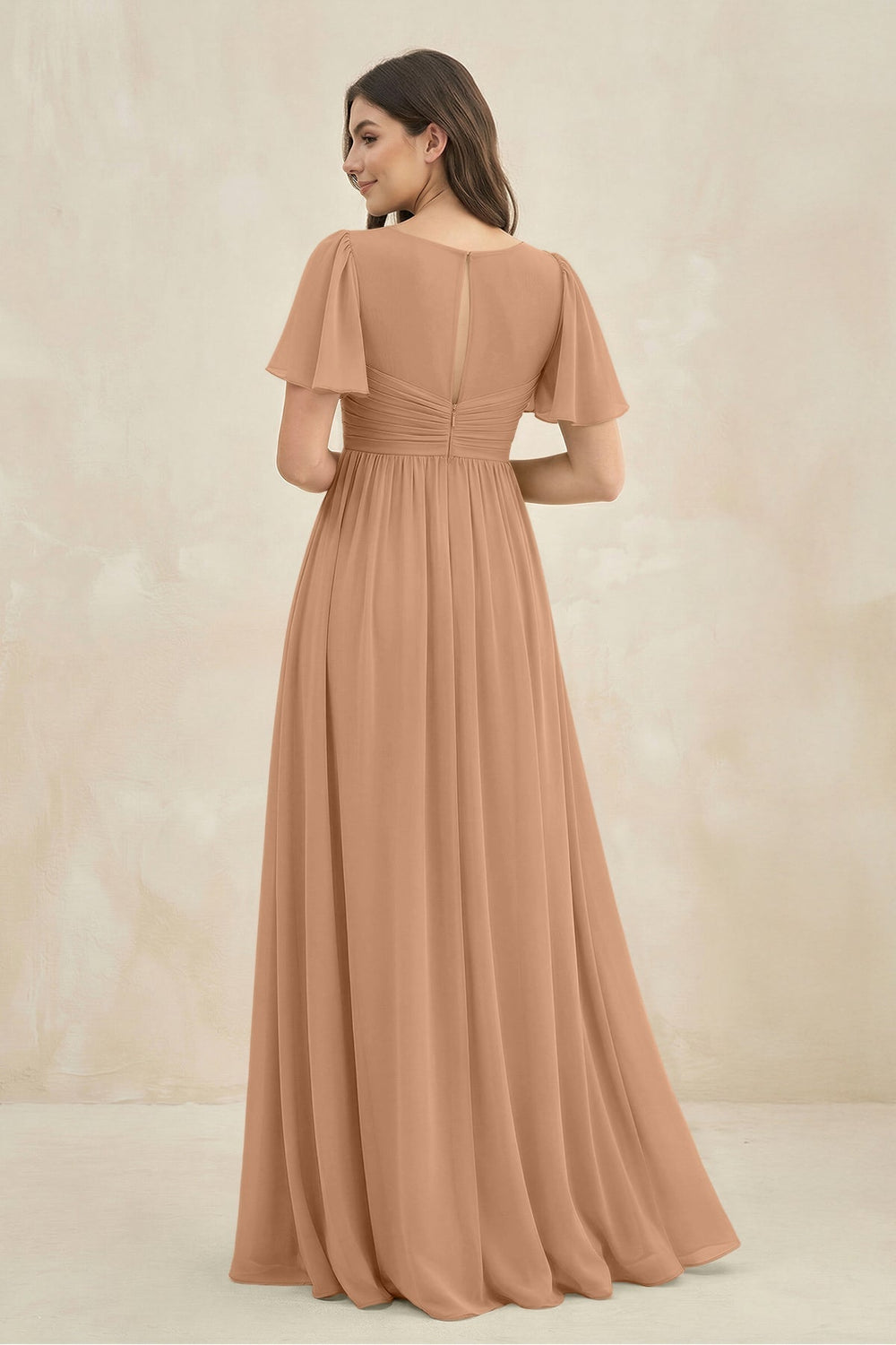 Short Sleeve Chiffon V - Neck A - Line Bridesmaid Dress in Bronzer - KISS BRIDAL Bridesmaid Dresses
