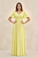 Short Sleeve Chiffon V - Neck A - Line Bridesmaid Dress in Buttercup - KISS BRIDAL Bridesmaid Dresses