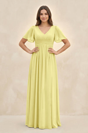 Short Sleeve Chiffon V - Neck A - Line Bridesmaid Dress in Buttercup - SHE IS ME Bridesmaid Dresses