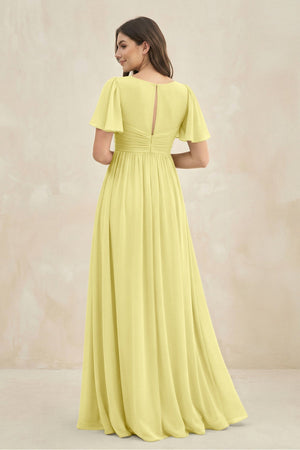Short Sleeve Chiffon V - Neck A - Line Bridesmaid Dress in Buttercup - SHE IS ME Bridesmaid Dresses