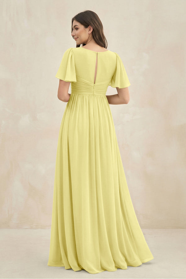 Short Sleeve Chiffon V - Neck A - Line Bridesmaid Dress in Buttercup - SHE IS ME Bridesmaid Dresses