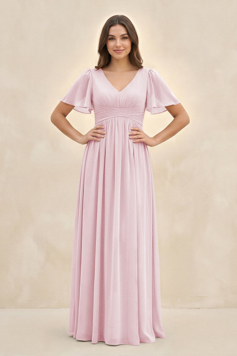 Short Sleeve Chiffon V - Neck A - Line Bridesmaid Dress in Candy Pink - KISS BRIDAL Bridesmaid Dresses