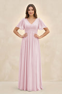 Short Sleeve Chiffon V - Neck A - Line Bridesmaid Dress in Candy Pink - SHE IS ME Bridesmaid Dresses