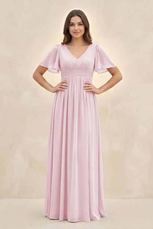 Short Sleeve Chiffon V - Neck A - Line Bridesmaid Dress in Candy Pink - SHE IS ME Bridesmaid Dresses