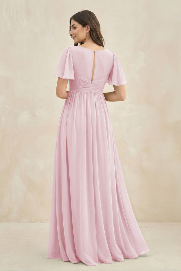 Short Sleeve Chiffon V - Neck A - Line Bridesmaid Dress in Candy Pink - SHE IS ME Bridesmaid Dresses