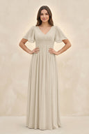 Short Sleeve Chiffon V - Neck A - Line Bridesmaid Dress in Champagne - SHE IS ME Bridesmaid Dresses