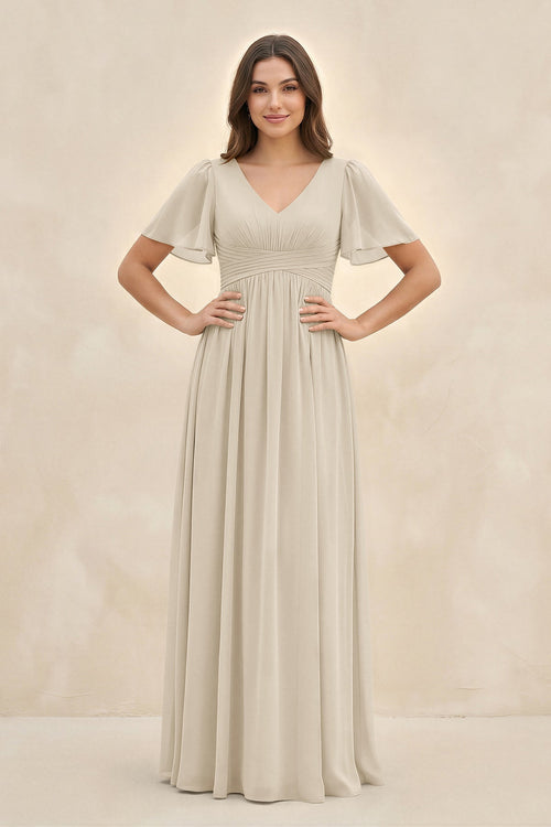 Short Sleeve Chiffon V - Neck A - Line Bridesmaid Dress in Champagne - SHE IS ME Bridesmaid Dresses